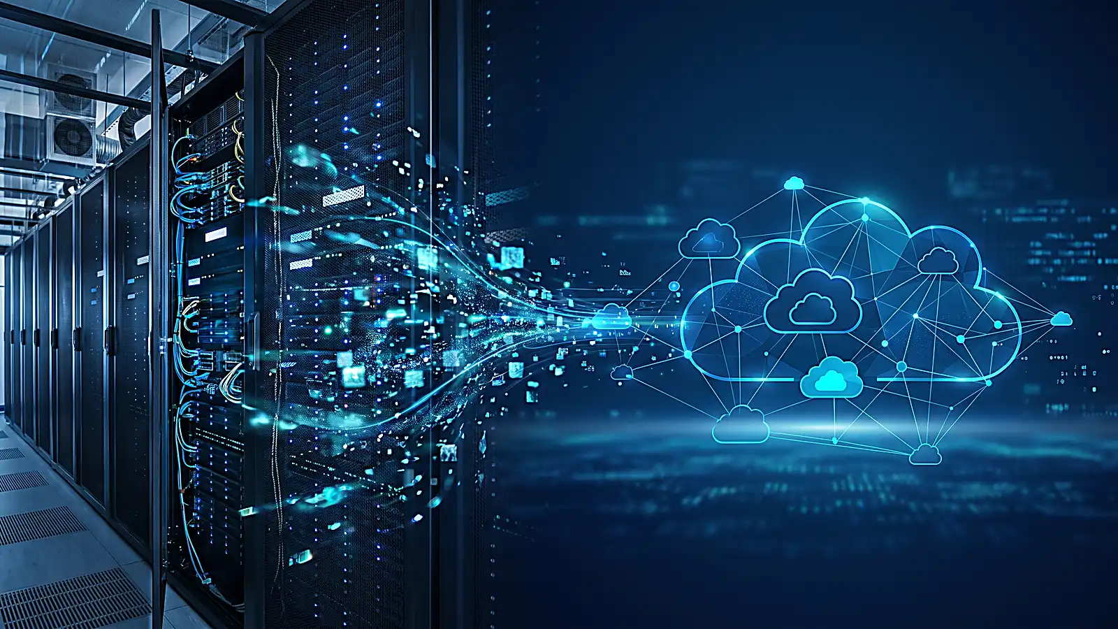 Cloud migration services visualization showing on-premise servers transitioning to cloud infrastructure